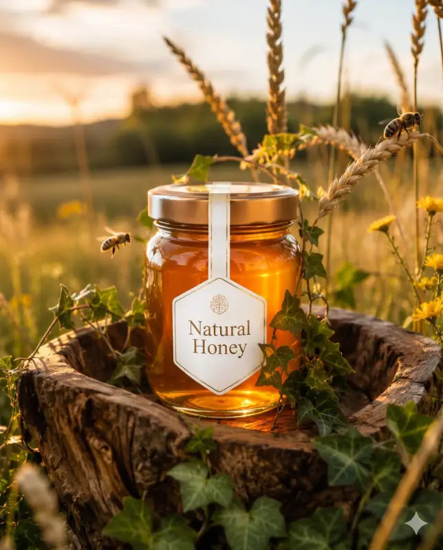 Honey Products prompt - organic luxury product photography, golden hour product mockup, eco friendly brand aesthetic, commercial product placement render, 90mm focal length product shoot, premium ecommerce ad mockup, botanical cosmetic branding template, volumetric natural lighting mockup