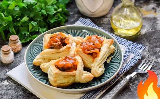 Фото Слоёные тарталетки-лодочки с говядиной в томатном соусе