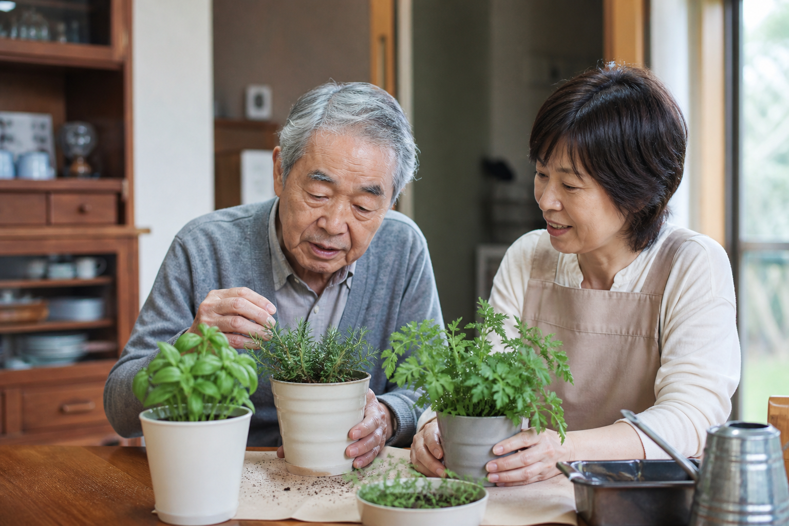 脳卒中後の本人が家族と一緒に卓上のハーブを手入れする場面
