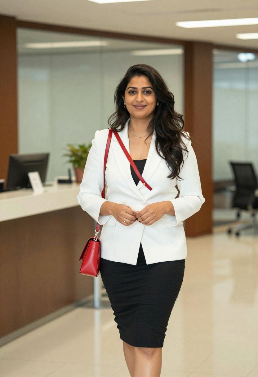 Woman with cherry red crossbody bag wearing white wrap blazer and midi skirt for bold professional silhouette