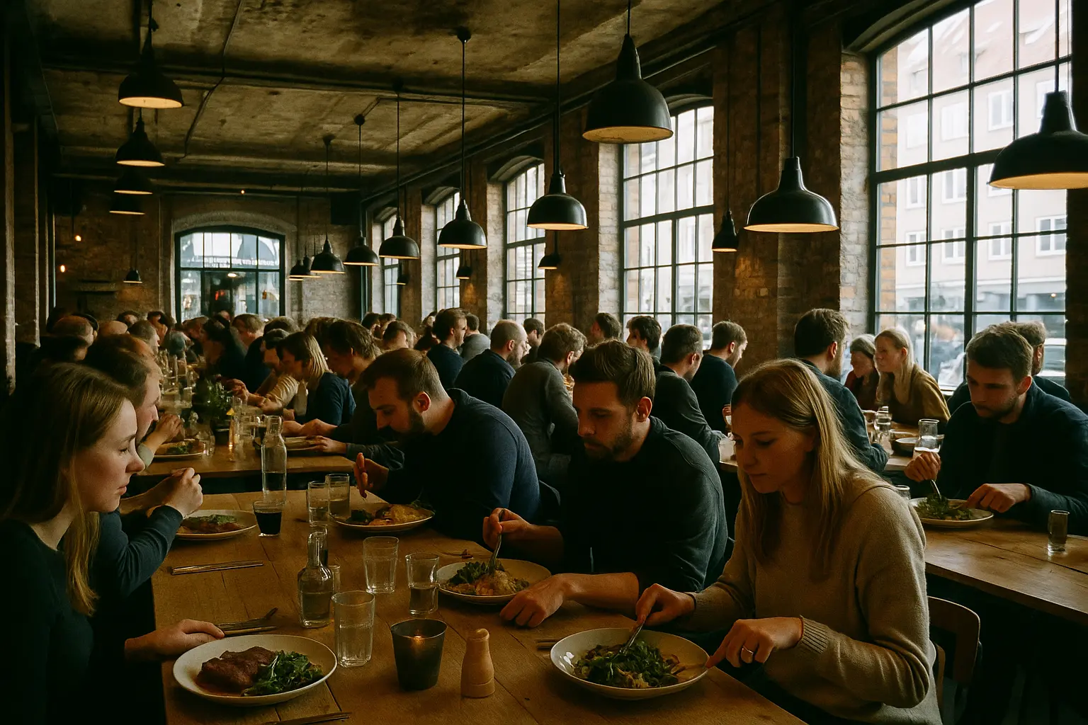 Stemningsfuldt billede fra en restaurant i Kødbyen med masser af mennesker og rå industrikunst indendørs.