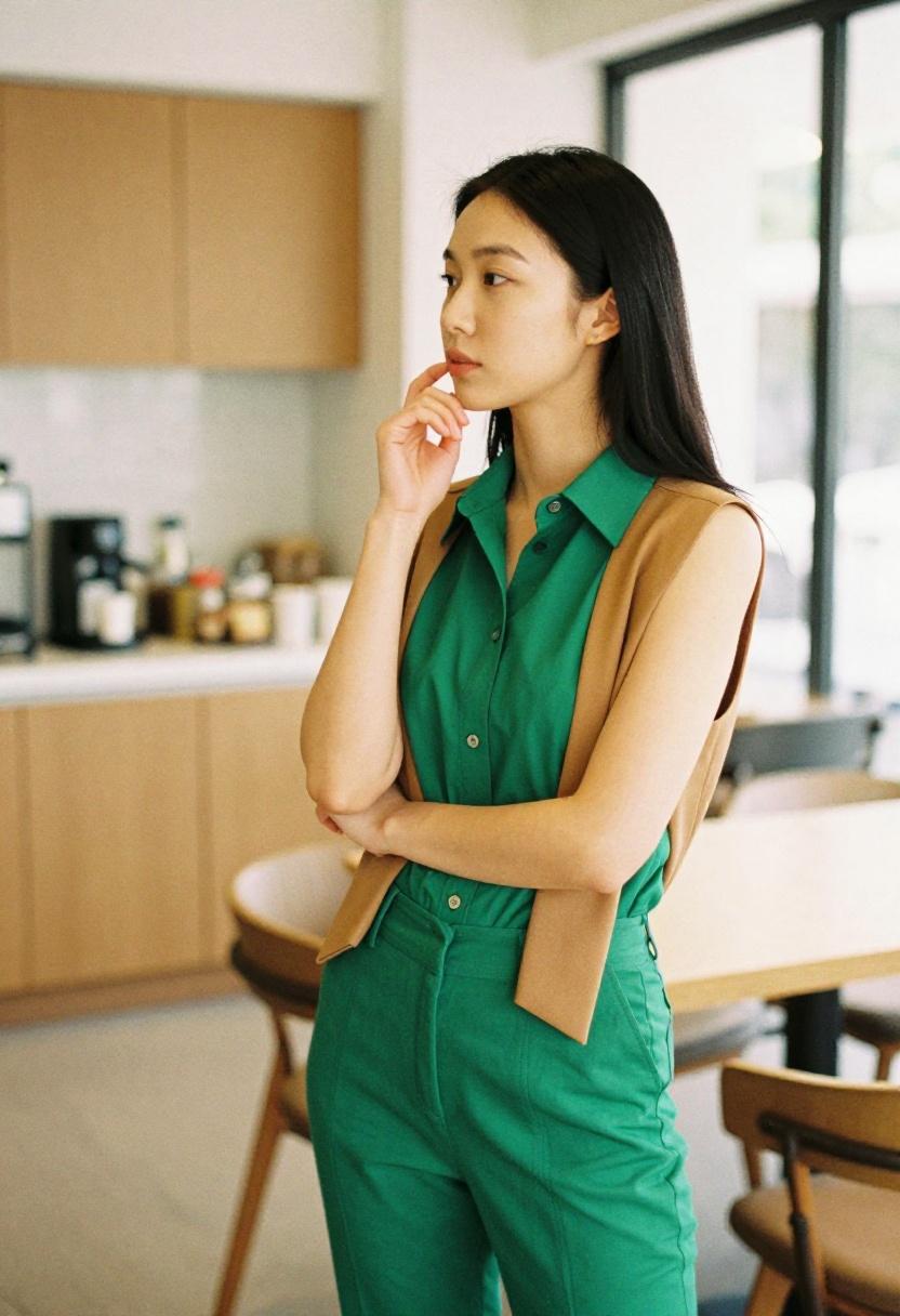 Emerald shirt beneath a camel vest for smart-casual balance in a sunlit cafe