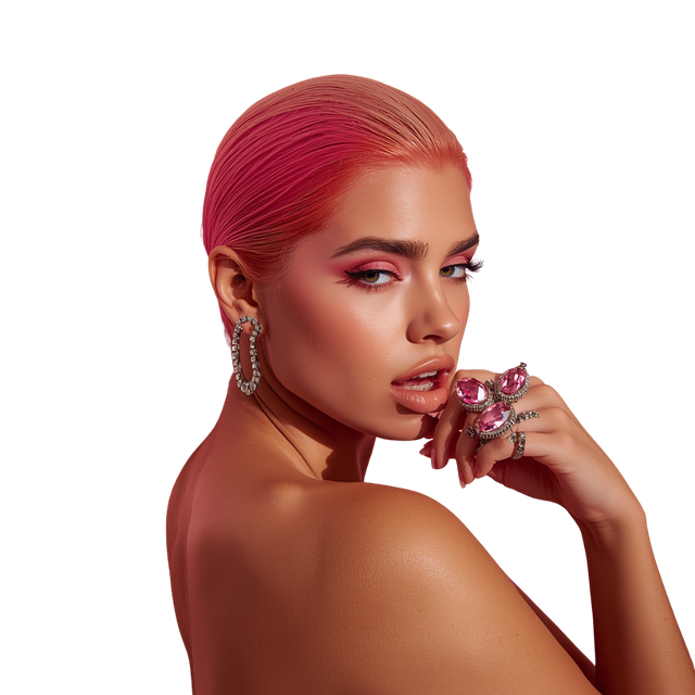 Omzundan geriye dönüp bakan, pembe saçlı model