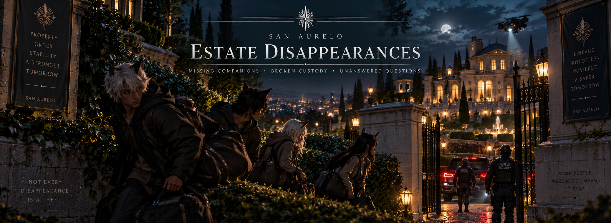 Demi-humans escaping a wealthy San Aurelan estate before security realizes they are gone.
