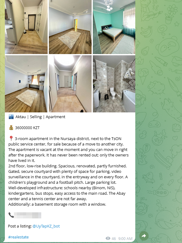 An example of a listing in the channel with photos, built from the reader's answers with the owner's template