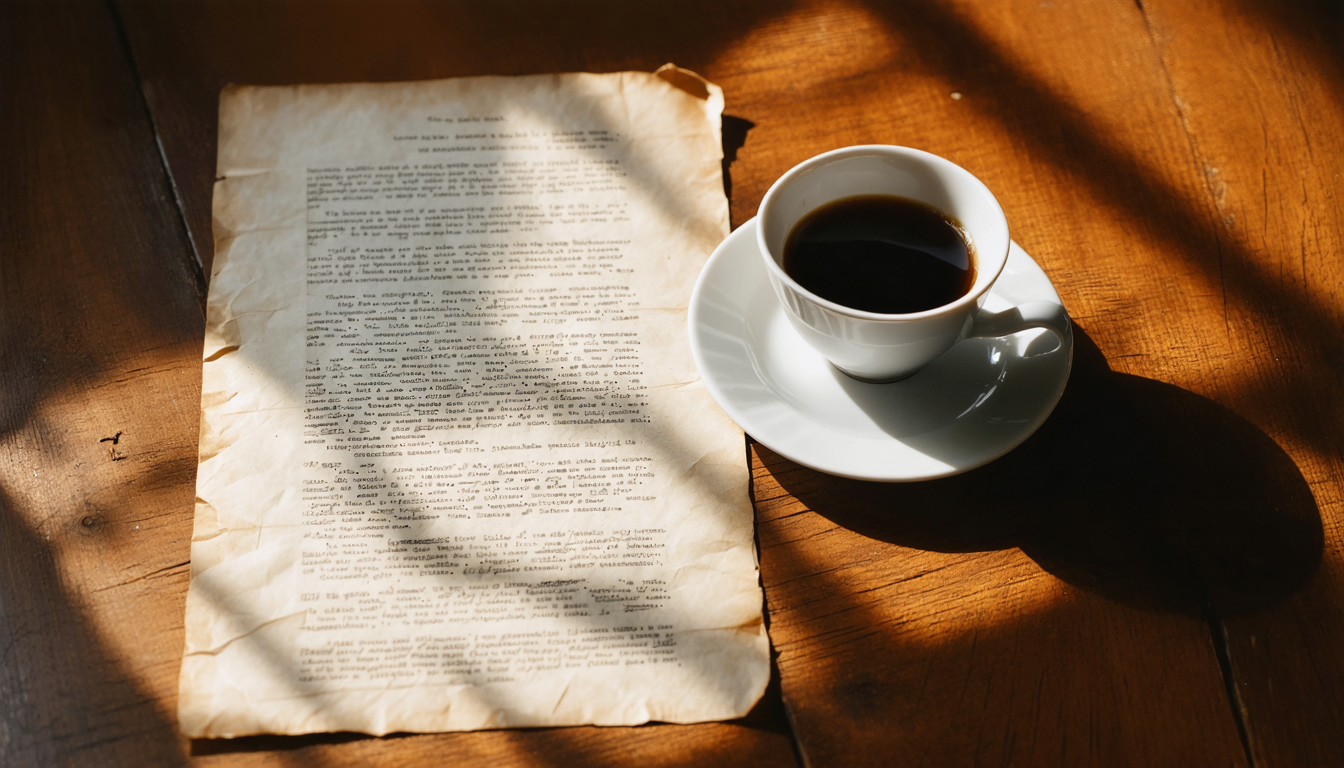 A single sheet of a policy document lying on a bare wooden table beside a cold cup of coffee, warm lamplight and deep shadows suggesting a document long outliving the room that made it.