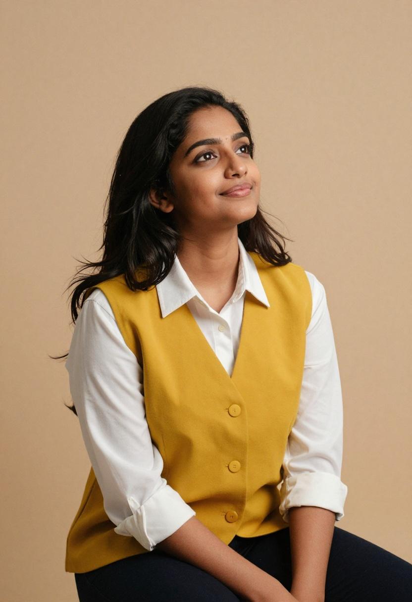 Mustard yellow tailored vest over a white collared shirt for elegant layered look