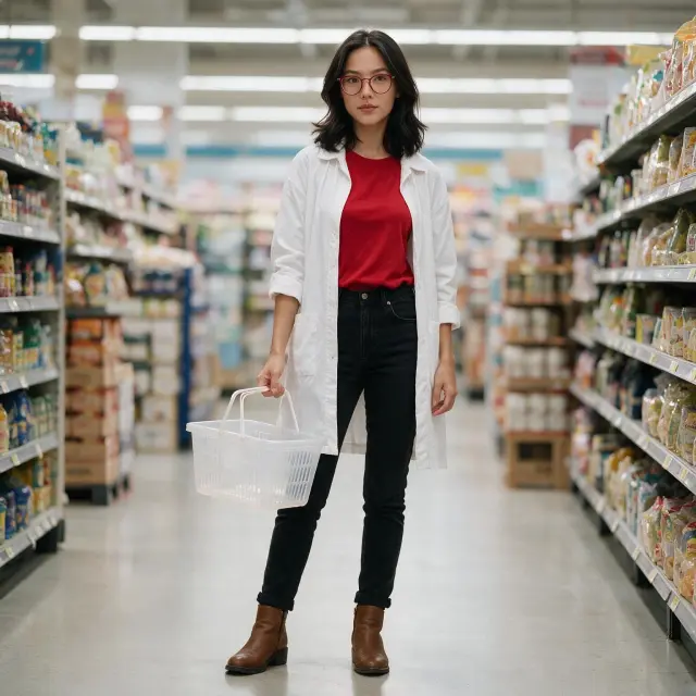 in a supermarket aisle, wearing a red top, white long jacket, black jeans, and brown ankle boots, holding a plastic supermarket shopping basket in one hand, relaxed everyday posture, full-body, realistic scene.