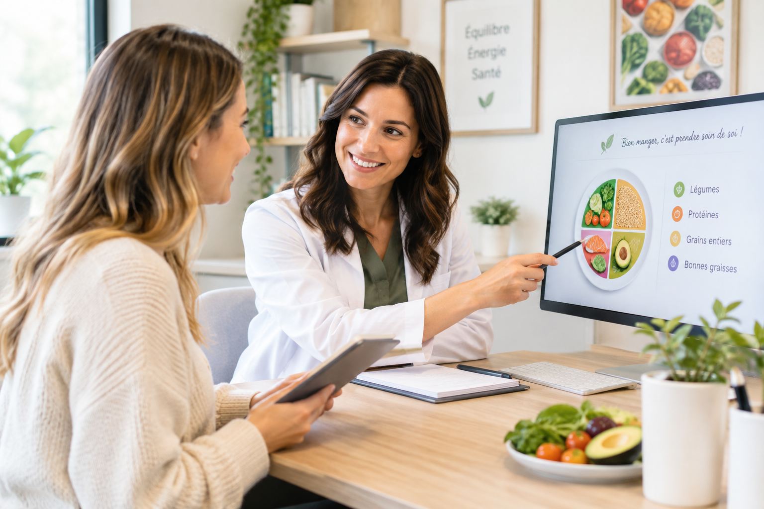 Diététicienne NutriSimple expliquant un plan alimentaire personnalisé à une cliente dans un bureau moderne et lumineux