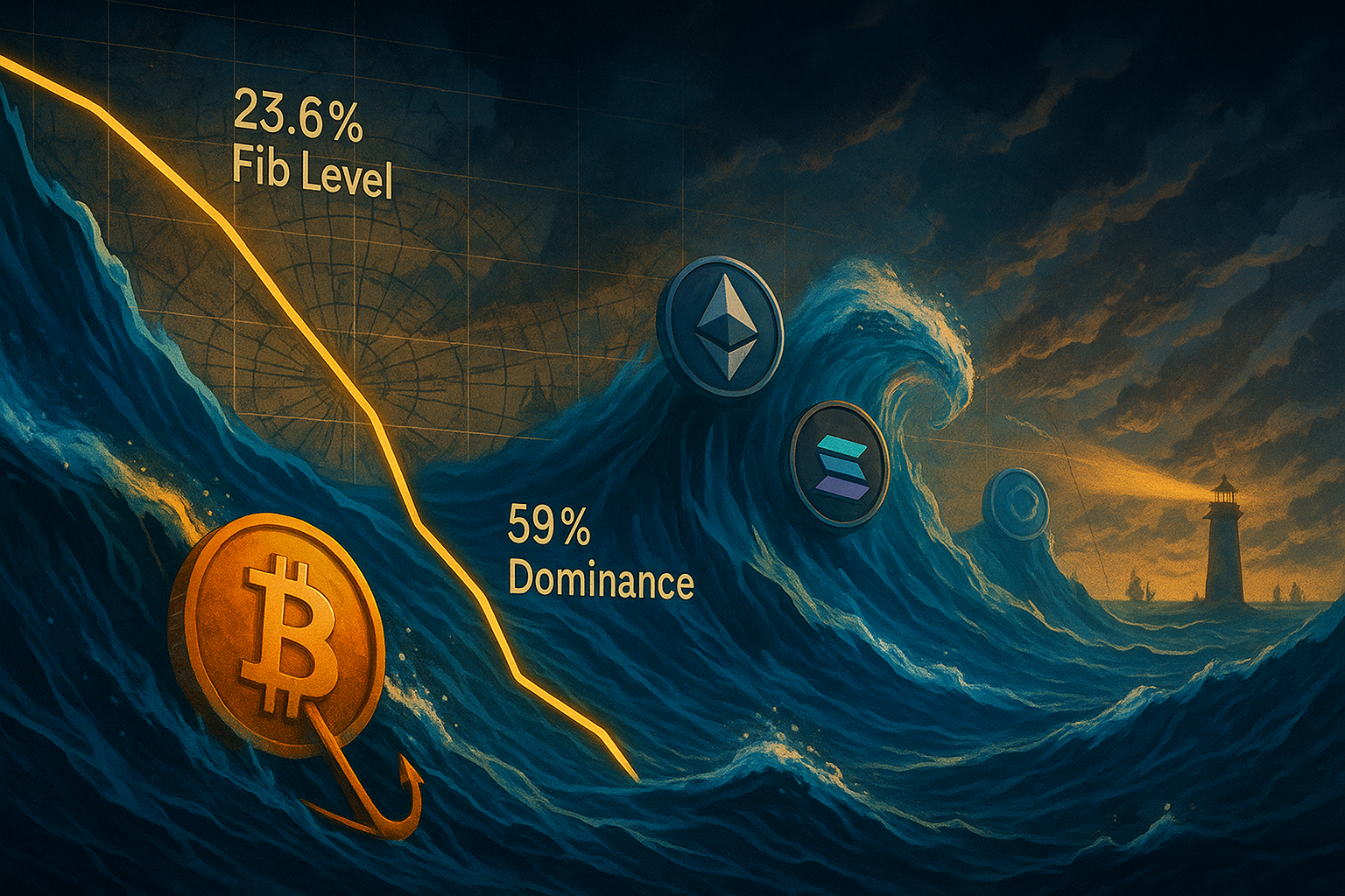 Visual representation of Bitcoin dominance chart showing dip to 23.6 Fibonacci level, indicating potential shift to altcoins
