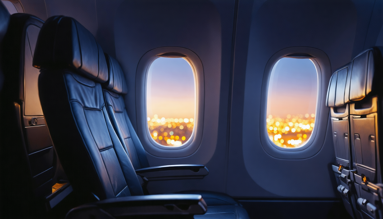 An empty airplane seat with a faint impression left on the leather, beside a darkened window showing city lights below.