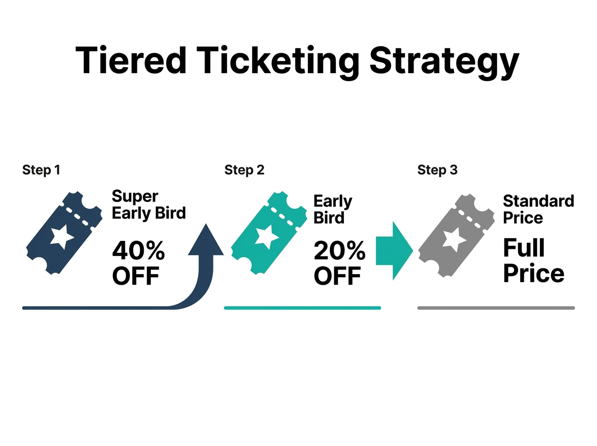 Infographic explaining a tiered ticketing strategy, showing three stages: Super Early Bird with a 40% discount, Early Bird with a 20% discount, and Standard Price.