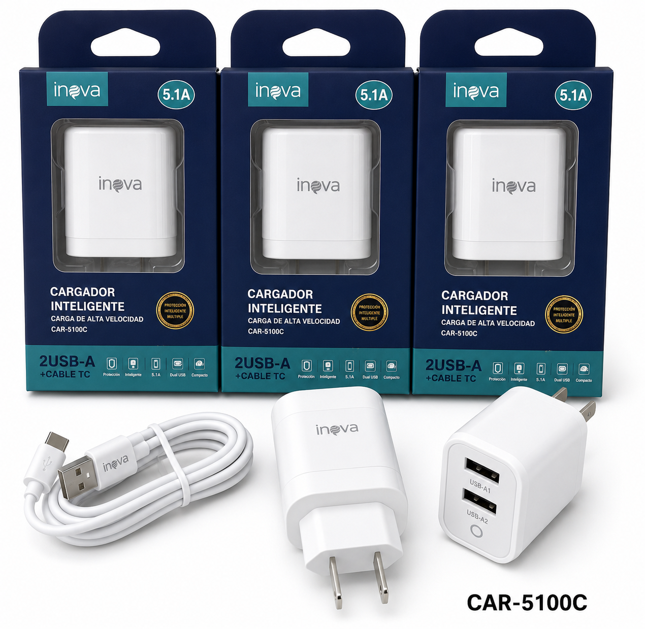Cargador 5.1A Dual + cable Tipo C