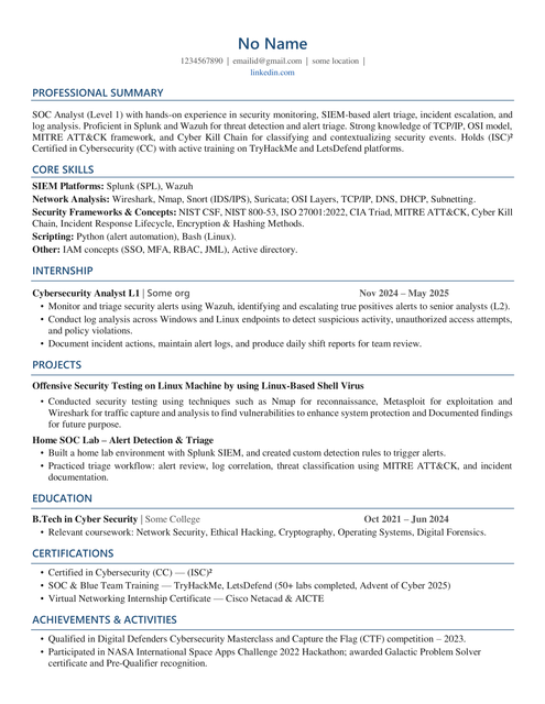 No Name resume