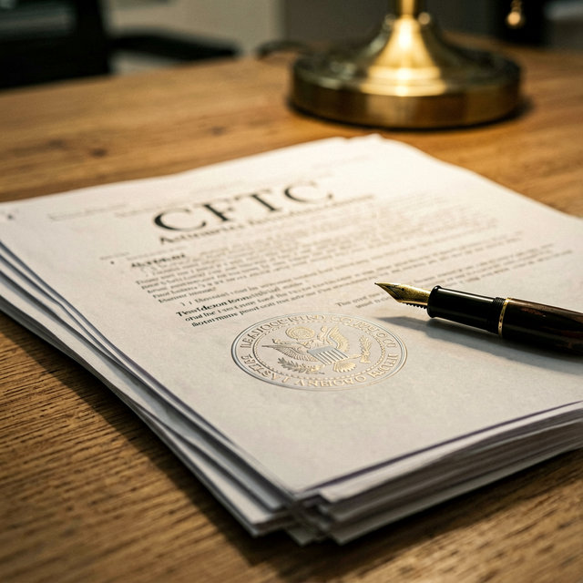 Close-up detail shot of a stack of legal documents with CFTC letterhead visible, embossed government seal, fountain pen nib resting on paper