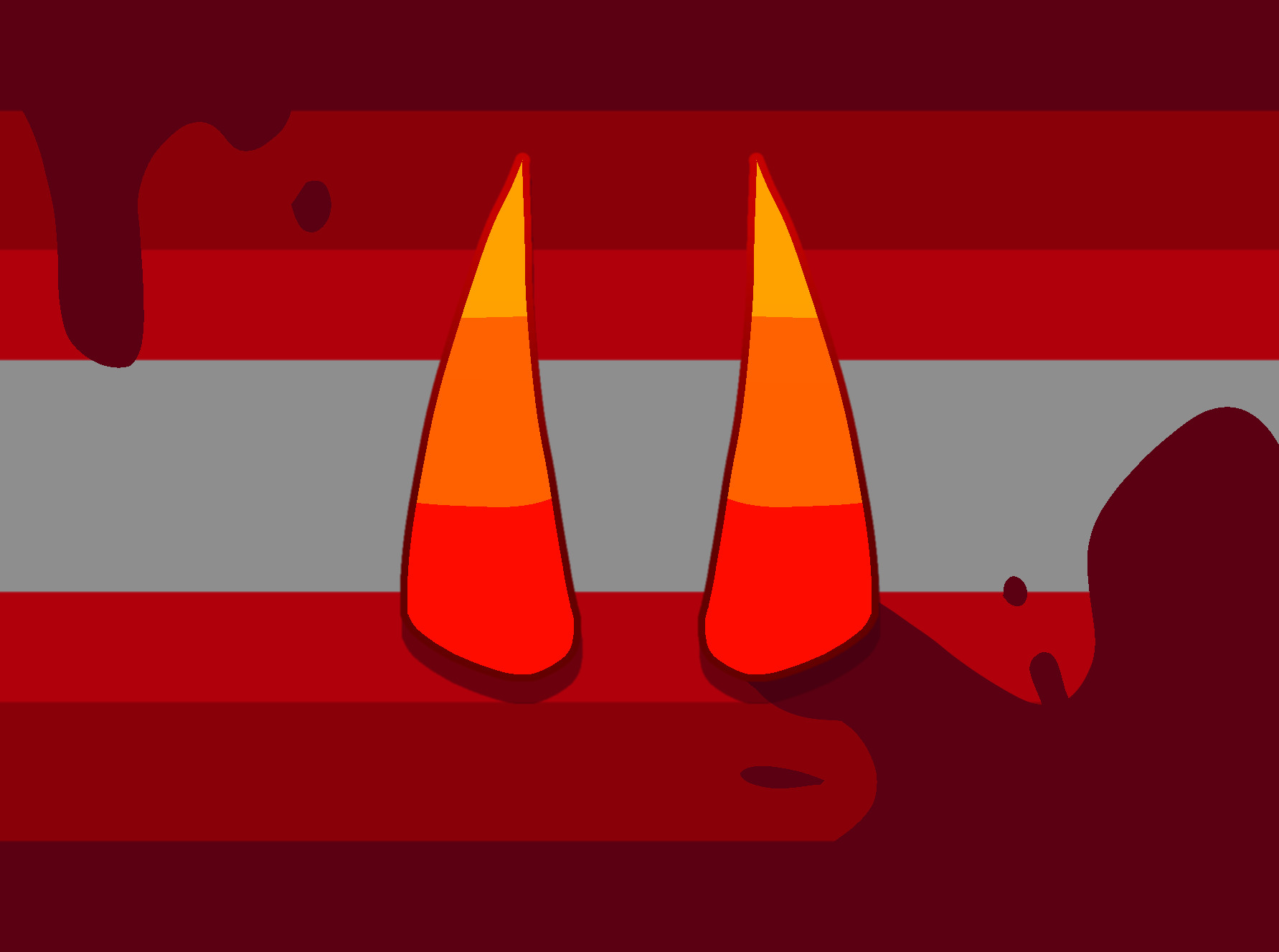 A flag with seven mirrored stripes. From top to center, they are very dark red, dark red, red, and grey. There are drips coming from the top and bottom stripes. In the center of the flag, there are two troll horns that cast a shadow.