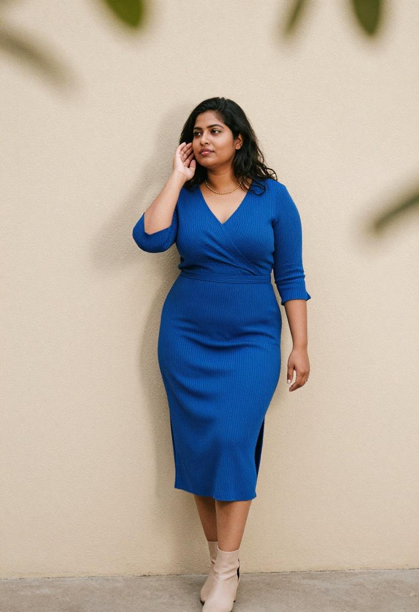 Cobalt blue ribbed knit midi dress with nude block heels for smart-casual office polish