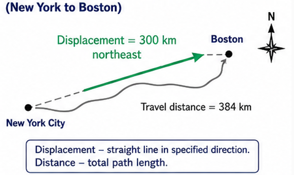 Map showing travel distance vs displacement from New York to Boston