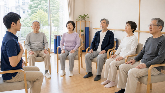 パーキンソン病の方が集団で瞑想と呼吸練習を行い、指導者が落ち着いて案内している写真