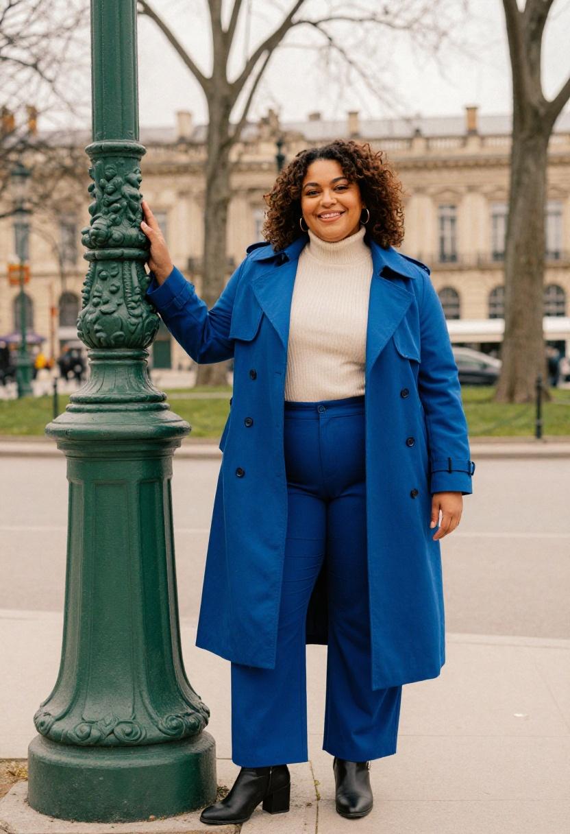 Cobalt blue belted trench coat plus-size spring park look