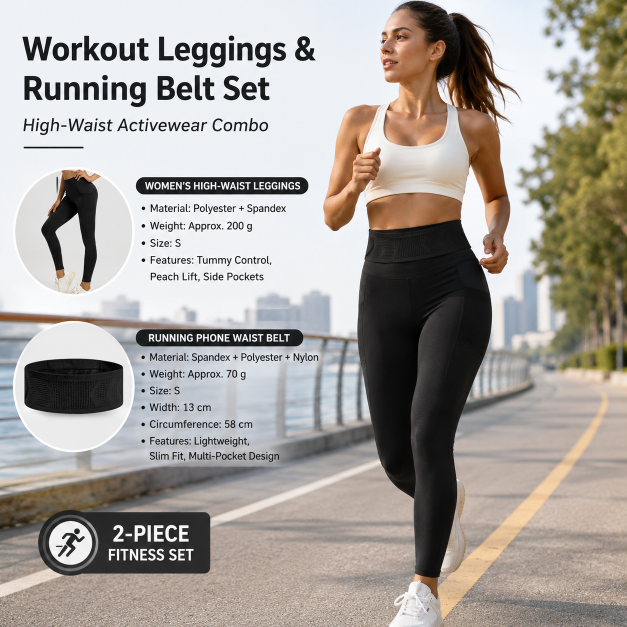 Comfortable Outdoor Sports Set-Black S Size Running Waist Belt and Black S Size High-Waisted Yoga Leggings - Breathable Spandex Blend, Side Pockets for Phone and Keys, Lightweight Fitness Gear for Running and Gym