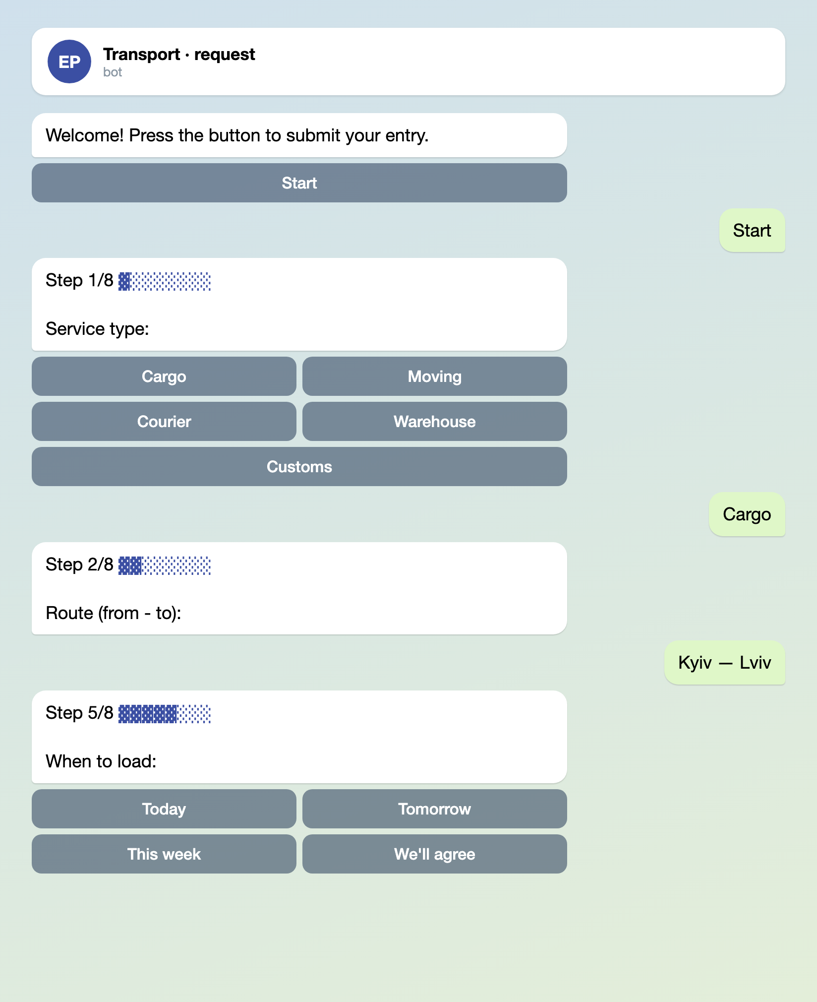 Chat with the transport request bot: a Start button, step 1 asking for the service type, step 2 asking for the route, and step 5 with buttons for when to load