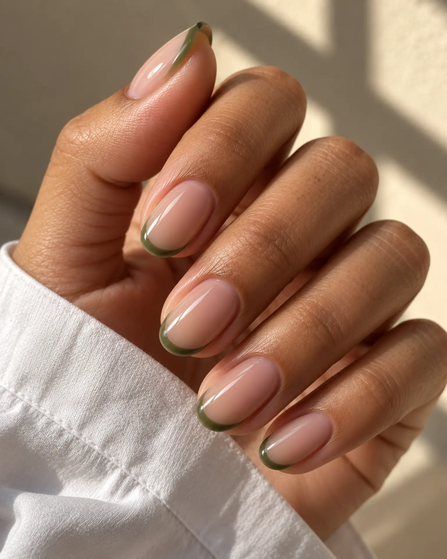 Olive Micro French manicure inspiration for green nail ideas