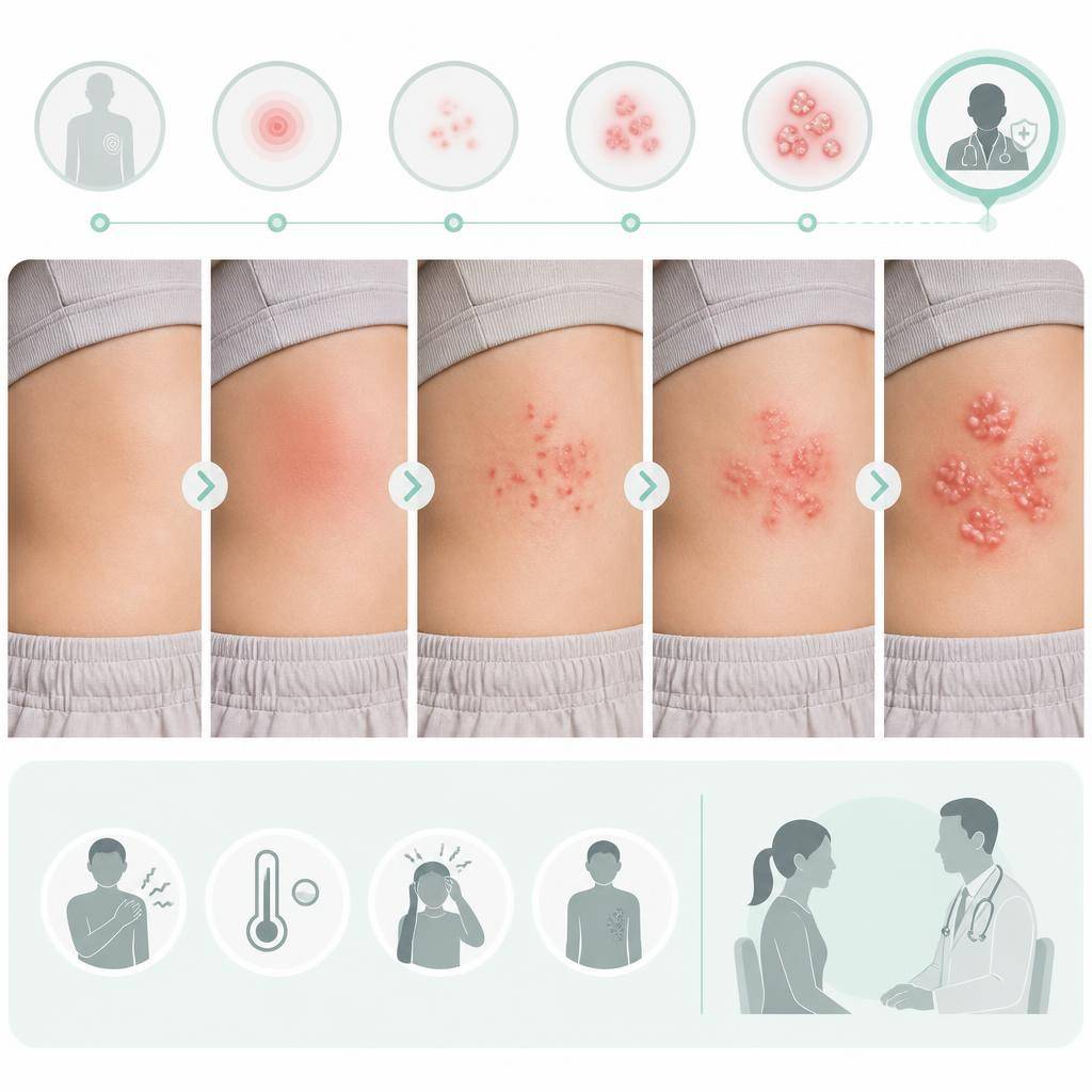 대상포진 초기 증상의 시간 흐름을 보여주는 간결한 의료 인포그래픽, 한쪽 피부의 따끔거림에