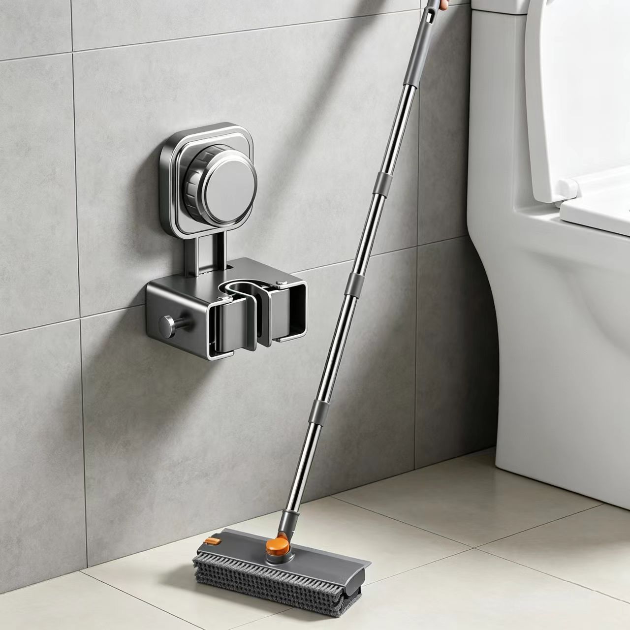 2-piece Grey V-Shaped Floor Scrub Brush and Suction Mop Holder Set - 360 Rotating Grout Cleaner, Heavy Duty Bristles, No Drill Wall Mount Storage, Space Saving Bathroom Cleaning Kit for Tiles and Corners
