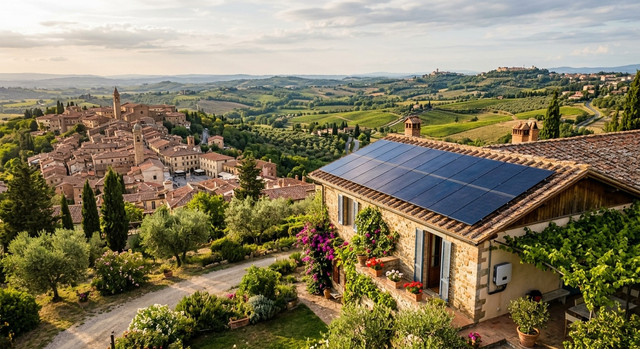 Pannelli solari installati sul tetto di una casa in un paesaggio italiano.