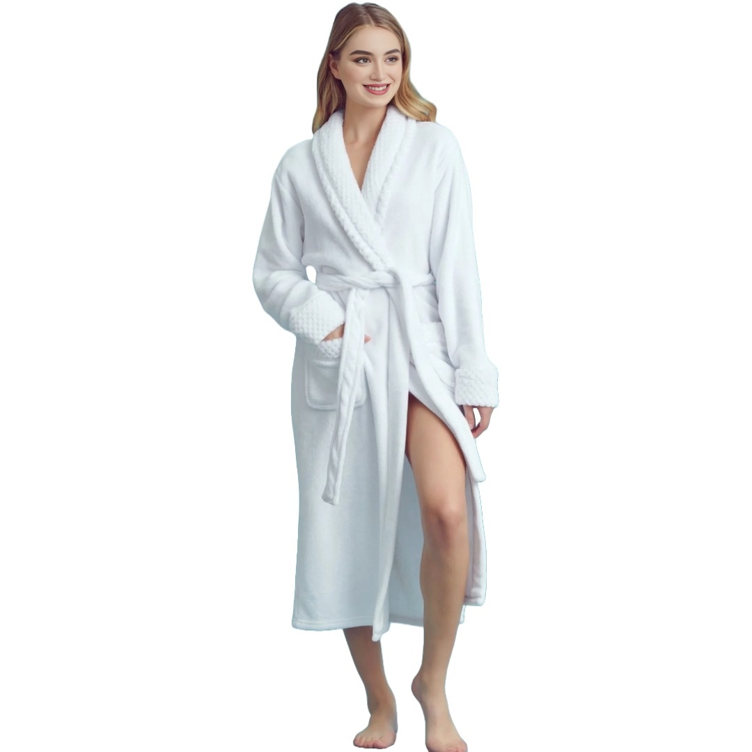 Women Plush Shawl Collar Robe, Fleece Bathrobe, White (S/M) view 4