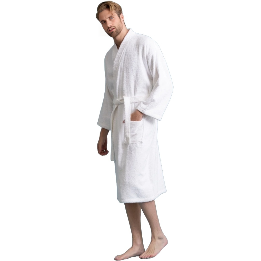 Unisex Men's Terry Cotton White Bathrobe (One Size)