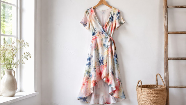Watercolor print high-low wrap maxi dress