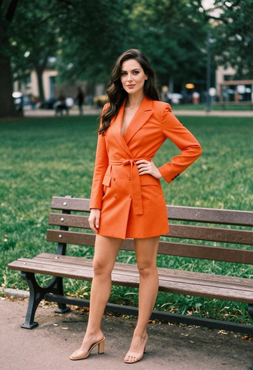 Tangerine orange belted blazer-dress in a sun-drenched park for a polished confident promposal moment