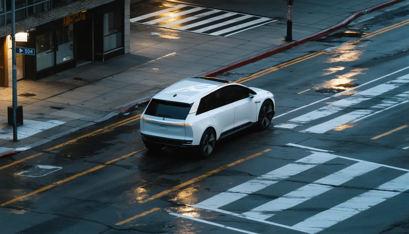 An empty autonomous vehicle navigating a deserted urban intersection at night, headlights illuminating nothing.