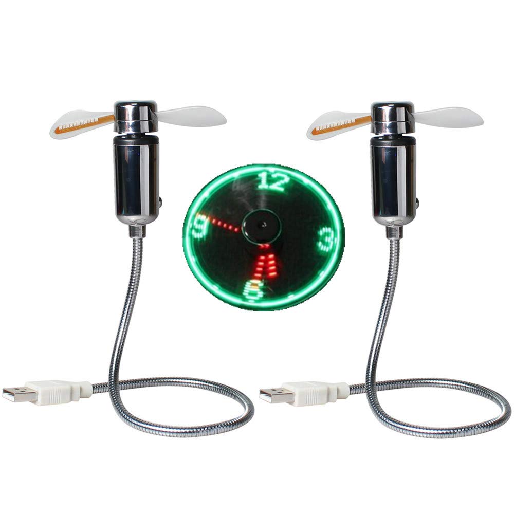 DECVO USB LED Clock Fan 90mm USB-Powered Portable Mobile USB Fan with Clock, LED Light Time (2 PACK)