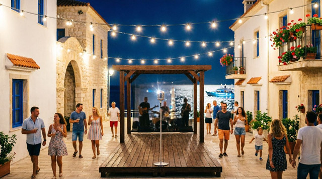 Летняя курортная набережная Черноморского побережья с открытой сценой музыкального фестиваля, теплые огни гирлянд и отдыхающие