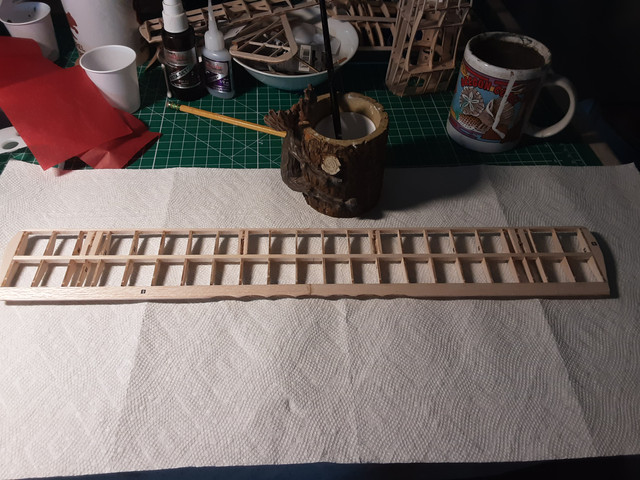 The plastic cup with a 50-50 mix of white glue and water is in a muc, which prevents it from being spilled. I have paper towels spread out to catch any stray glue. Coat all the surfaces that the tissue will touch.