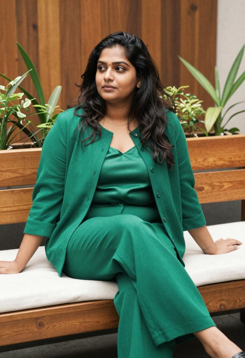 Plus-size woman in emerald green cropped cardigan with tailored trousers at an outdoor café, spring style
