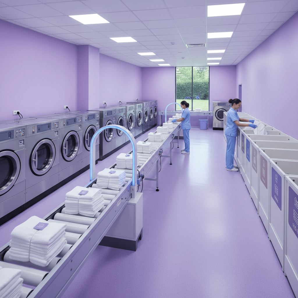 Hotel laundry room with RFID-tagged linens and organized sorting