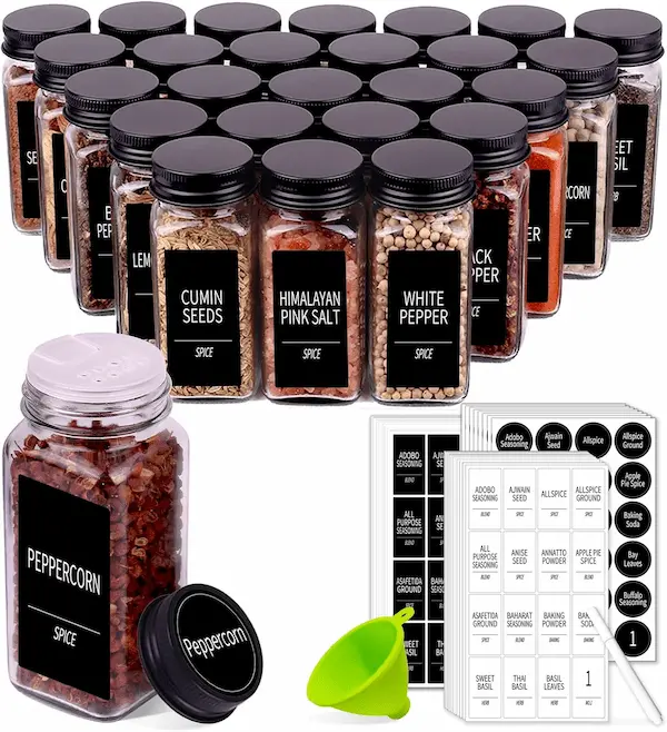 Elegant Glass Spice Jars with Labels and Shaker Lids