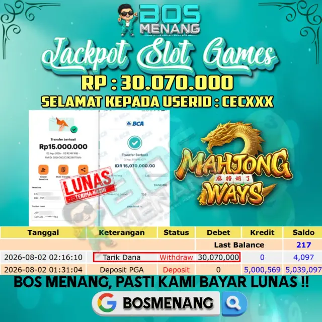 Tanggal 02 AGUSTUS 2026 - JACKPOT SLOT GAMES - Mahjong Ways (PGSoft)  Rp 30.070.000,-