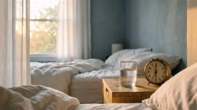 Sunlit bedside table with analog alarm clock and water glass at dawn, serene mood