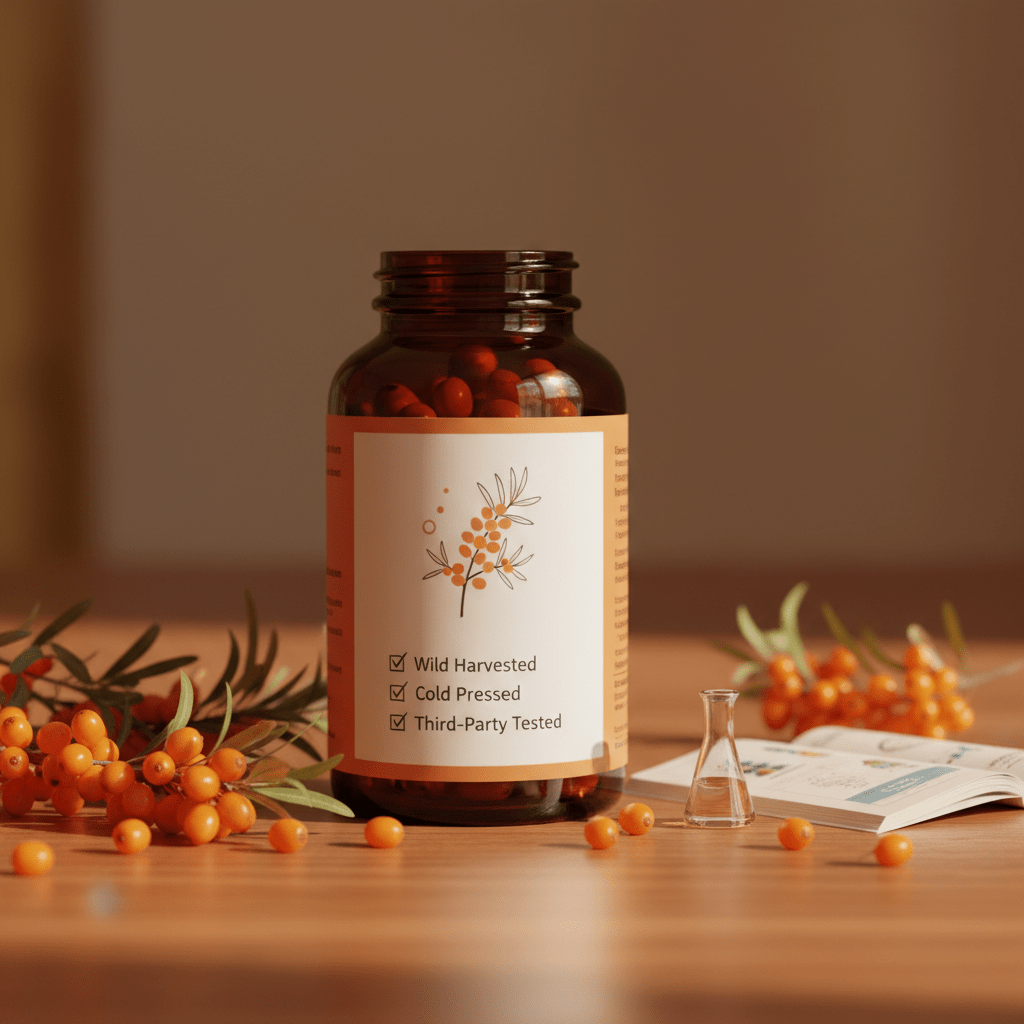Premium sea buckthorn oil bottle with berries and sourcing checklist