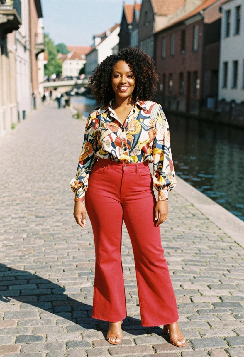 Curvy woman in cherry red flare jeans and retro-collared blouse on European cobblestone street