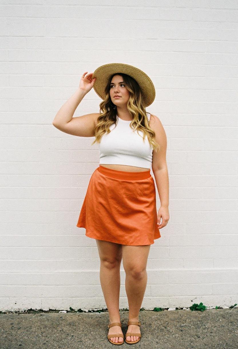 Plus size woman in tangerine satin mini skirt and straw hat with warm-weather spring charm