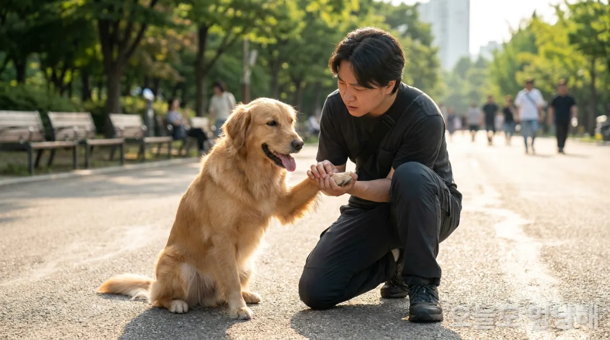 30대 한국인이 뜨거운 아스팔트 도로 위 강아지 발바닥을 내려다보는 모습, 햇볕 쨍한 서울 공원 배경