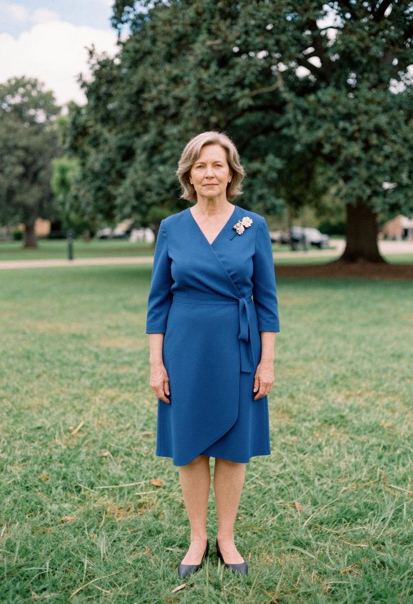 Sapphire blue wrap midi dress with floral brooch for Mother's Day church or dinner