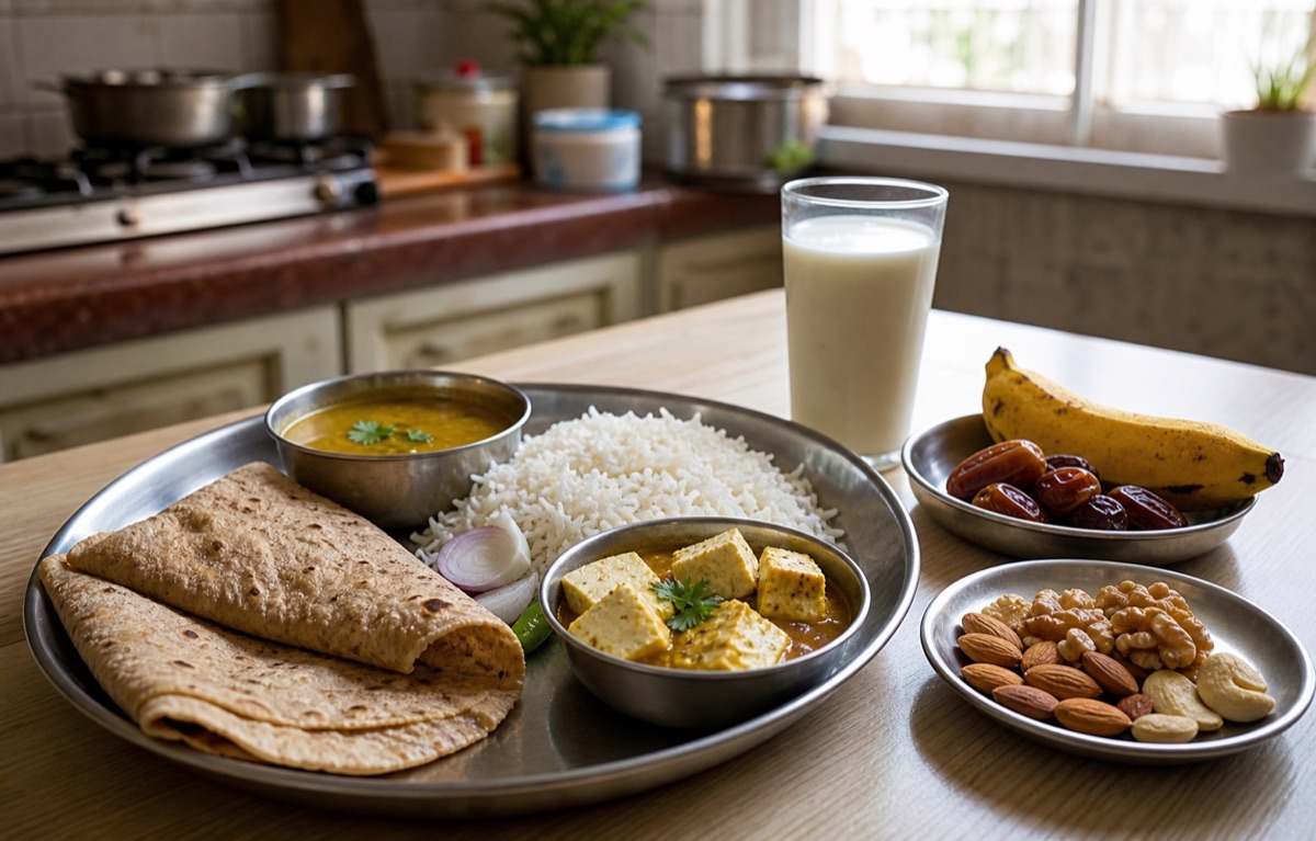 Indian home-cooked meal with roti, rice, dal, paneer, milk, banana, dates and nuts
