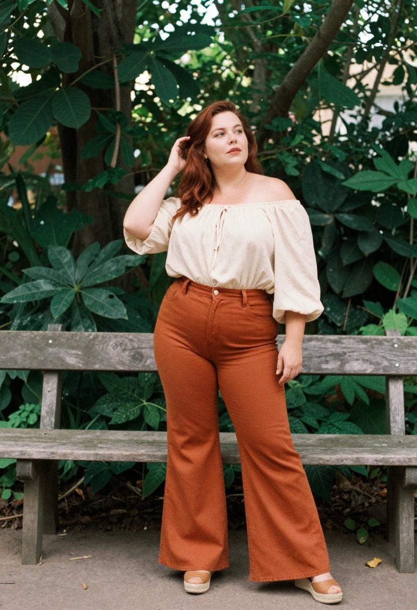 Curvy woman in terracotta flare jeans and off-shoulder blouse in gorgeous retro garden outfit